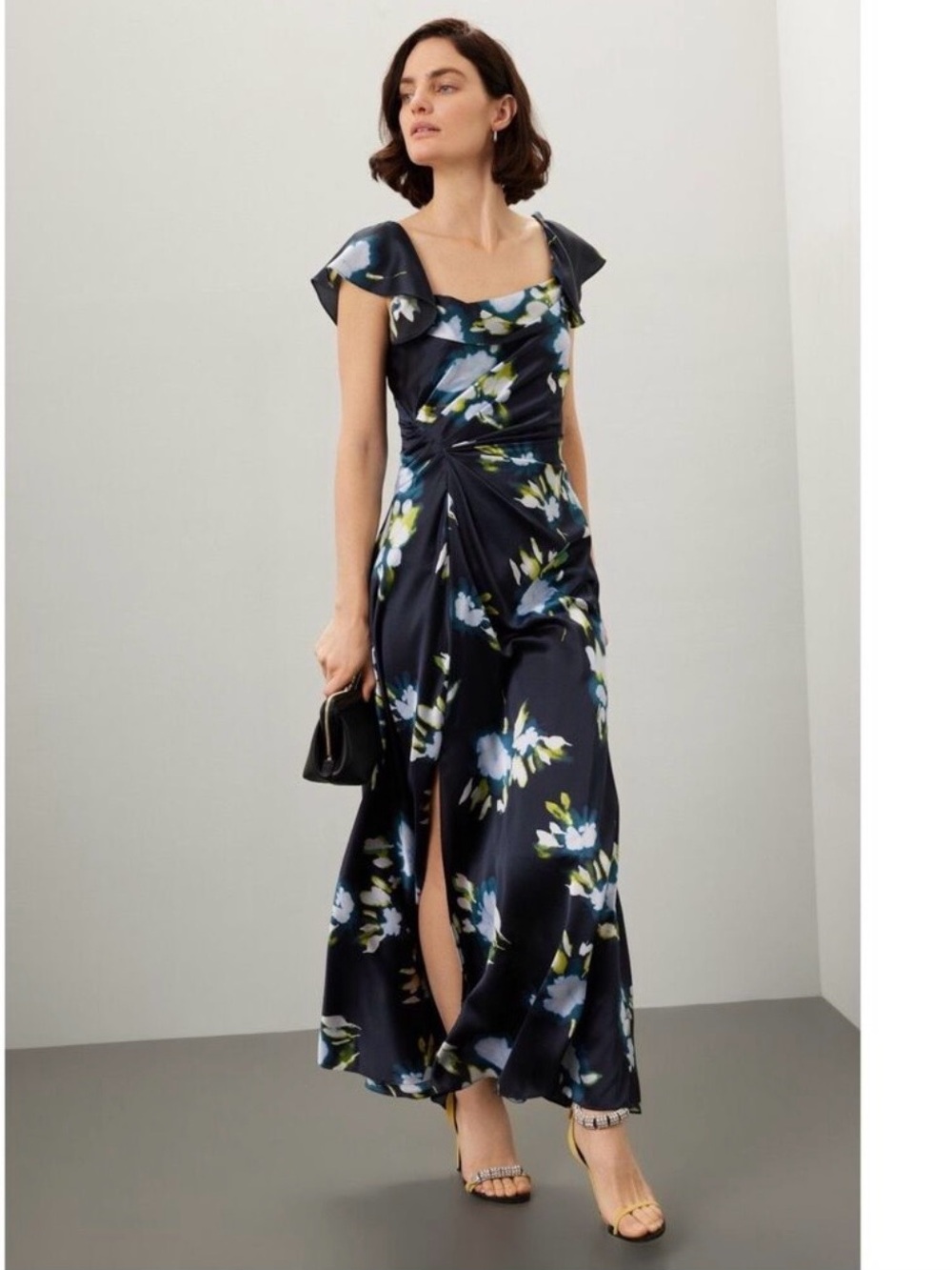 Tanya Taylor Navy Floral Midi Dress with Green and White Accents